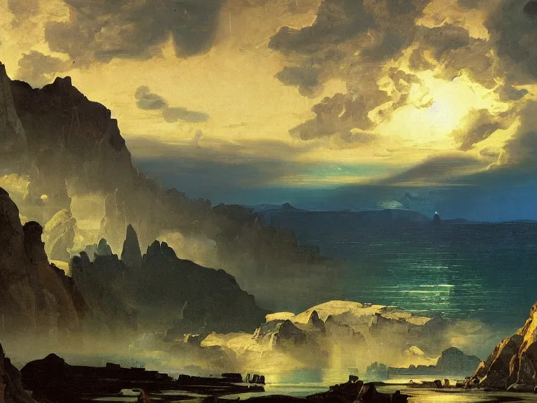 Image similar to an oil painting of a coastline on an alien planet with a mountain range at dusk with aurora lighting up the sky by carl spitzweg and tuomas korpi. baroque elements, full-length view. baroque element. intricate artwork by caravaggio. Trending on artstation. 8k