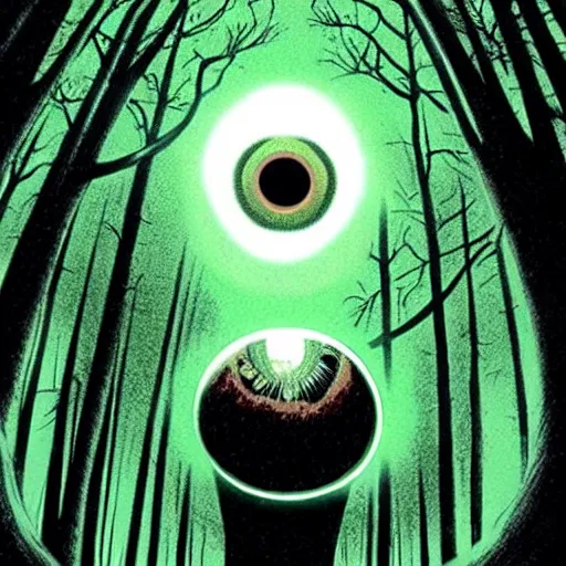 Prompt: a gigantic eyeball hovers over a forest, it looks down on you. wide angle, ratio 16:9. pov shot, you are standing right below the eye and look up. dramatic lighting, concept art, award winning. illustration by Brian bolland