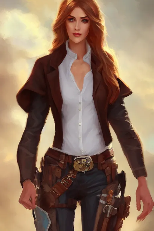 Image similar to full body, katherine mcnamara cowgirl, perfect face, white blouse, holster, 8 k, magic the gathering, desert, d & d, artstation, high detail, smooth, sweaty character concepts by senior concept artist