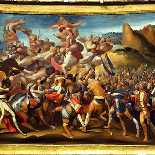 Image similar to a renaissance painting of napoleon's army and the roman army fighting.