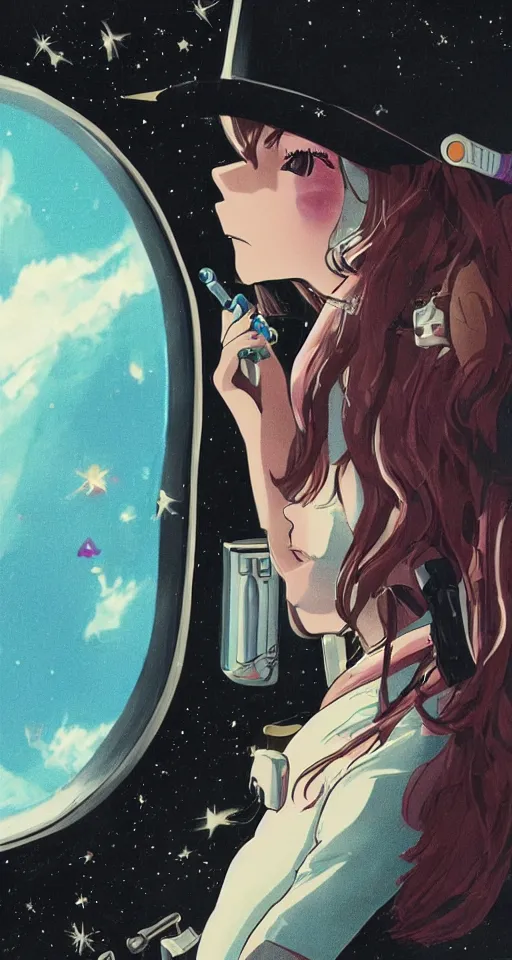 Prompt: a young cowgirl in space smoking a cigarette while looking out the window of her spaceship, sad and introspective, highly detailed, anime style