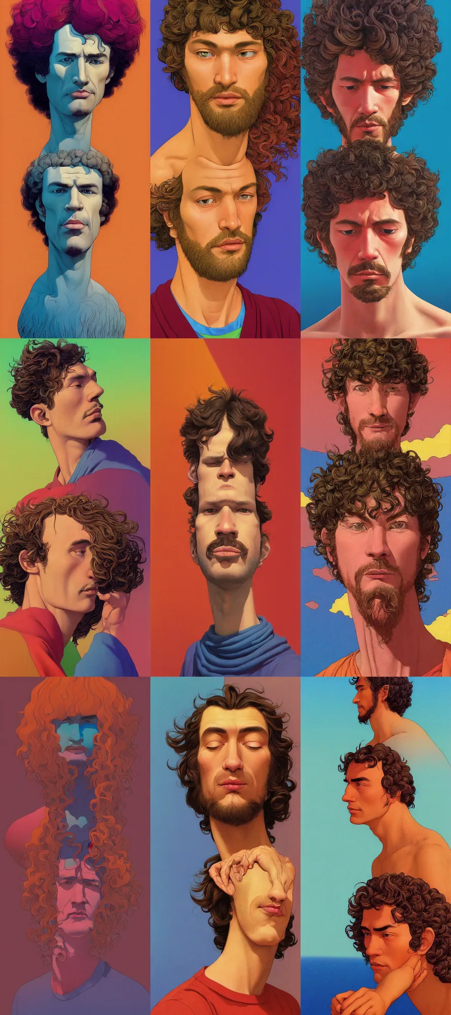 Prompt: a colorful vibrant closeup portrait of a simple caucasian man roman with curly mid length brown hair with a calm afraid aesthetic face and dreaming psychedelic hair, by kawase hasui, moebius, edward hopper and james gilleard, zdzislaw beksinski, steven outram colorful flat surreal design, hd, 8 k, artstation