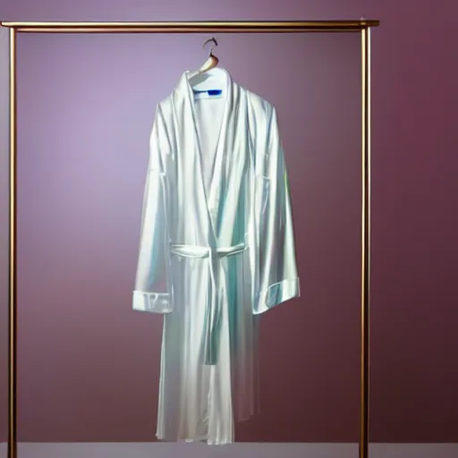 Image similar to an ultra high definition professional studio quality photograph of a transparent iridescent perspex pastel coloured robe and matching goggles on white coat hook in an empty white room. dramatic lighting, ray tracing, refraction, shallow d. o. f, colour corrected, golden ratio, three point light. volumetric shadows. god rays.