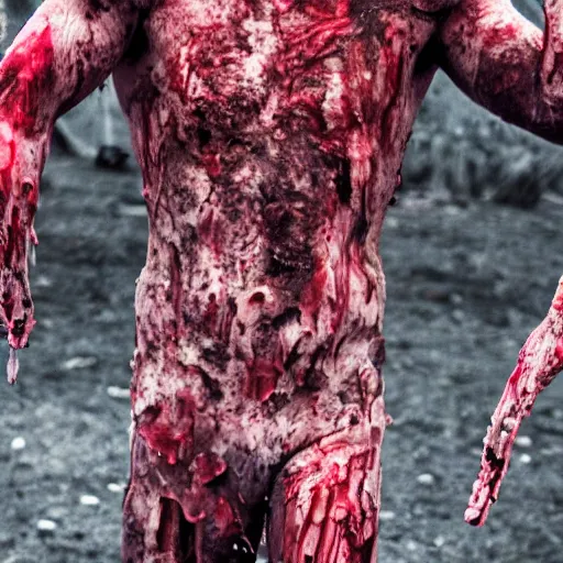 Image similar to ultra detailed photo of a man with many bloody arms covering his entire body