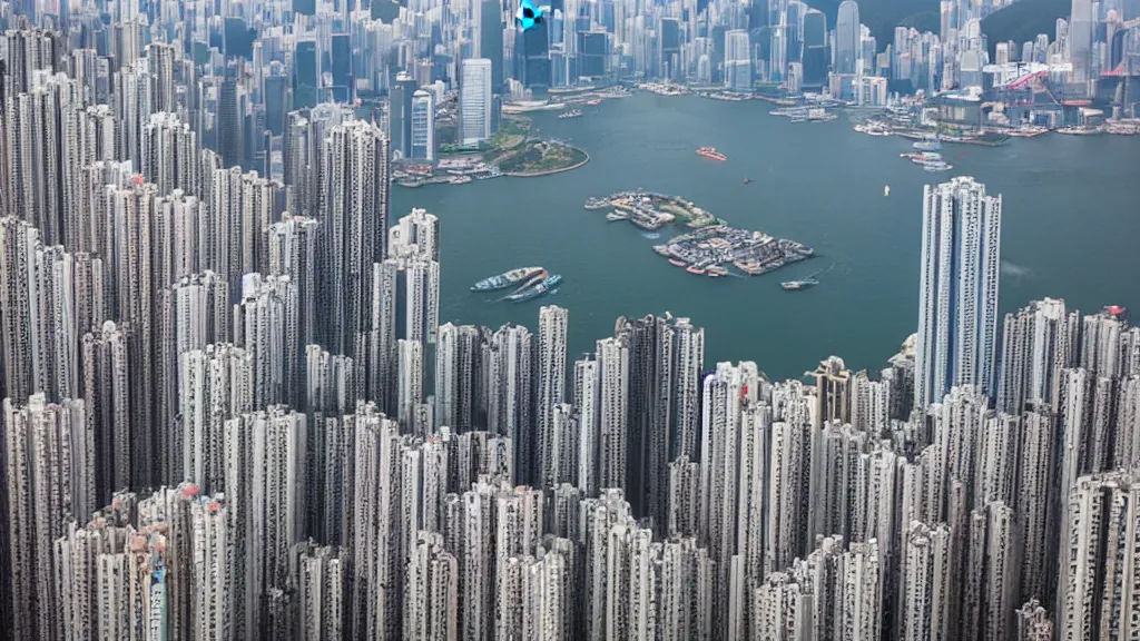 Image similar to a tornado ripping through the city of hong kong, aerial photography,