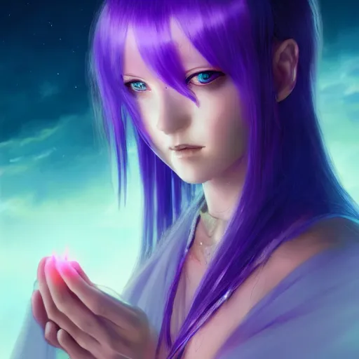 Image similar to rimuru tempest from tensura holding purple fire in her palm, overlooking piltover, straight hair, sky blue hair, long bangs, award winning photography, cinematic, digital painting, cinematic, wlop, 8 k, by ross tran, tom bagshaw