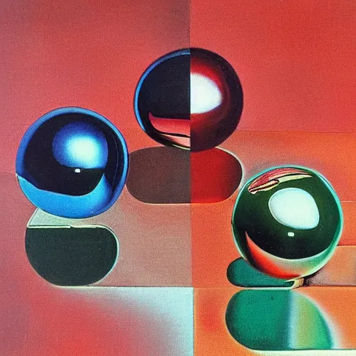 Prompt: chrome spheres on a red cube by salvador dali