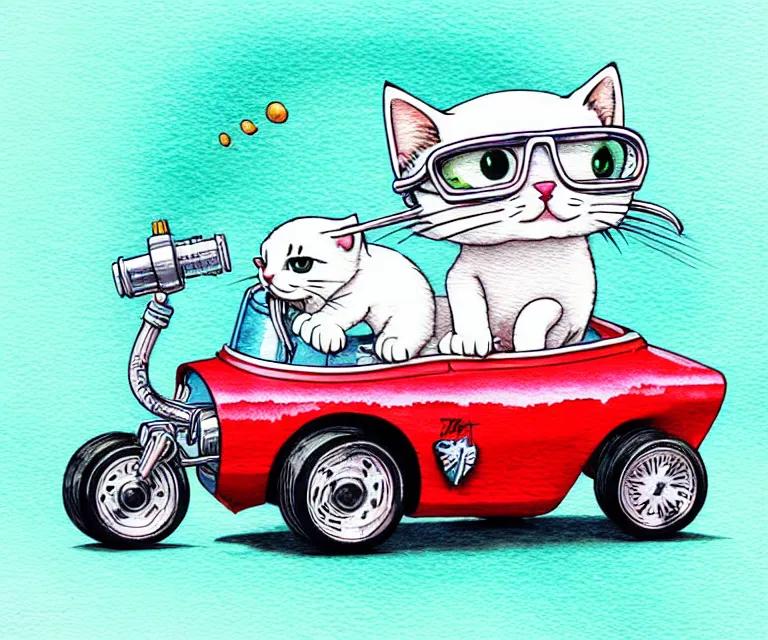 Image similar to cute and funny, kitten wearing a helmet riding in a tiny hot rod with an oversized engine, ratfink style by ed roth, centered award winning watercolor pen illustration, isometric illustration by chihiro iwasaki, edited by range murata, tiny details by artgerm and watercolor girl, symmetrically isometrically centered, sharply focused