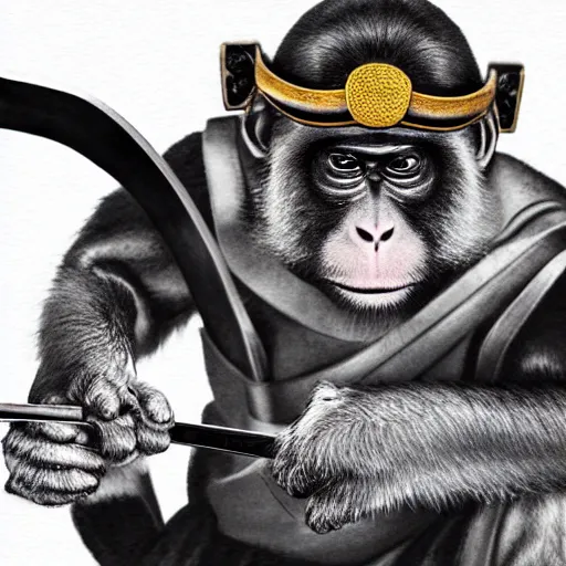 Image similar to Sumi-e painting of a monkey, wearing traditional samurai armor, helmet and mempo, welding a katana, octane render, hyper realistic, full body shot, rendered in 8K resolution, black ink painting