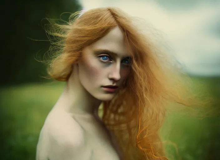 Image similar to cinestill 5 0 d photo of a pre - raphaelite blond beautiful woman, dreamy mood, fine art photography in style of gilles zimmermann, 1 5 0 mm, f 1. 2, emotionally evoking, head in focus, stormy clouds outdoor, matt mute colour background, volumetric lighting, hyper realistic, ultra detailed