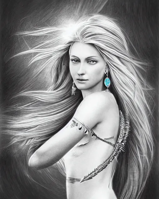 Image similar to pencil drawing of beautiful greek goddess aphrodite with arrowhead earrings and beautiful feather jewelry, beautiful piercing eyes, beautiful blonde hair flying in the wind, hyper realistic face, in the style of greg rutkowski, fantasy, amazing detail, epic, elegant, smooth, sharp focus, from the front