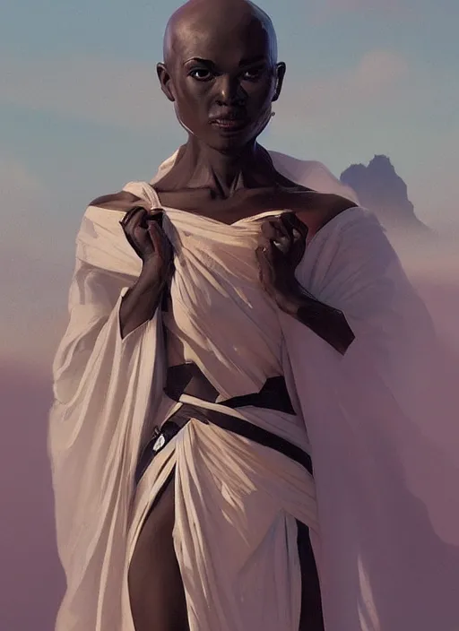 Image similar to a black humanoid frog with no hair wearing a white robe, standing in the arabian desert, trending on artstation, beautiful painting by artgerm and greg rutkowski and alphonse mucha