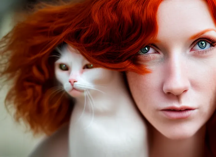 Prompt: 5 5 mm portrait photo of a redhead woman's face with ( intricate cat eyes )!!. highly detailed 8 k. intricate. lifelike. soft light. nikom d 8 5 0. cinematic post - processing