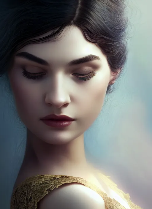 Image similar to young woman beautiful face : : black lace peignoir : : night home bed : : weta disney pixar movie still photo : : decadent highly - detailed digital painting, soft light, full length shot, golden ratio, octane render, artstation, smooth, sharp focus, artgerm, mucha, loish, wlop, gogo