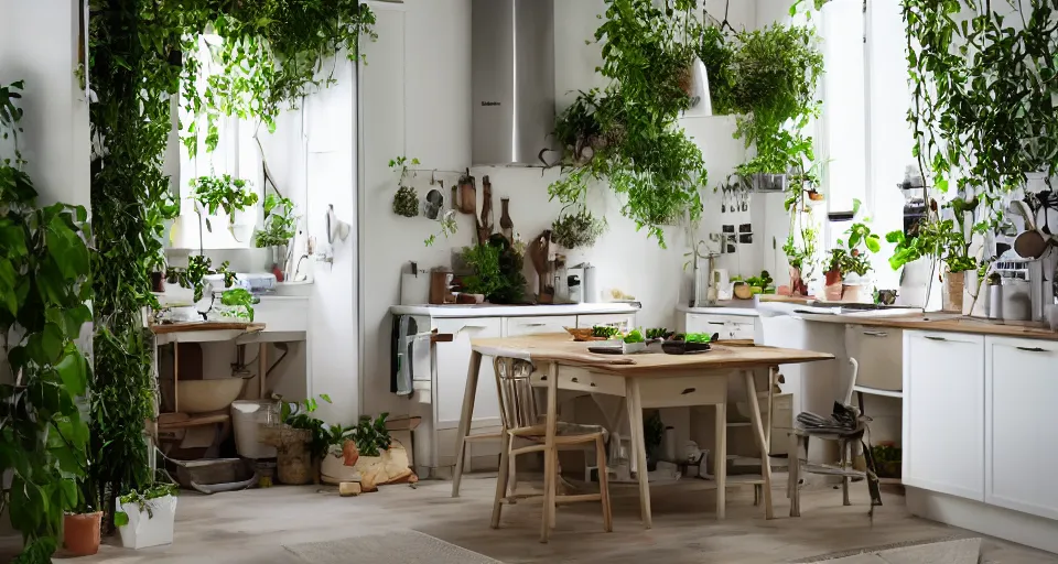 Image similar to IKEA catalogue photo, high end farm house style kitchen, sand piled in corners, dust, organic, vines, overgrown, tropical, by Dali