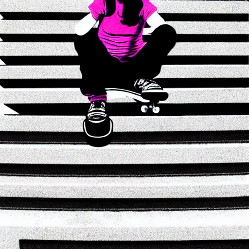 Prompt: skater girl sitting on steps by scott pilgrim, by bryan lee o'malley