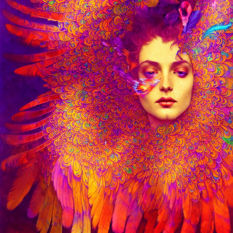 Image similar to face of innocent psychedelic transcendent feather mind bending psychedelic wings of glossy liquid honey flowing like kaleidoscopic translucent holograph, lsd feathers, feathery fluff, enlightenment, high contrast dappled lighting, refracted sunset, highly detailed, concept art, art by collier, albert aublet, krenz cushart, artem demura, alphonse mucha