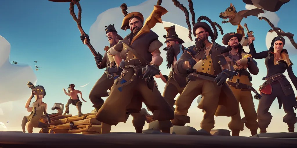 Image similar to portrait of sea of thieves characters, realism, sharp, sea of thieves screenshot, storm, unreal engine, digital art, kraken monster