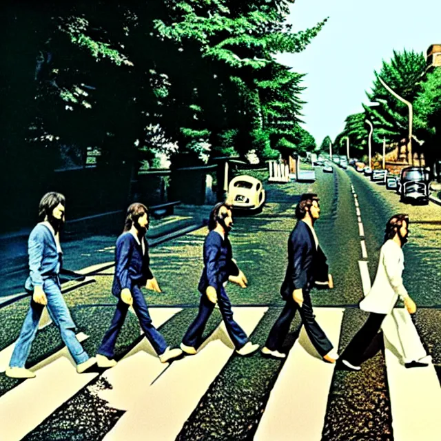 Image similar to the beatles abbey road album cover in the style of google street view