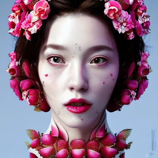 Prompt: the face of absurdly beautiful, graceful, elegant, sophisticated, sensual mature gravure idol made of strawberries and white pink petals with tears, an ultrafine hyperrealistic photograph by kim jung gi, irakli nadar, intricate linework, bright colors, octopath traveler, unreal engine highly rendered, global illumination, radiant light, intricate environment, cherries in background