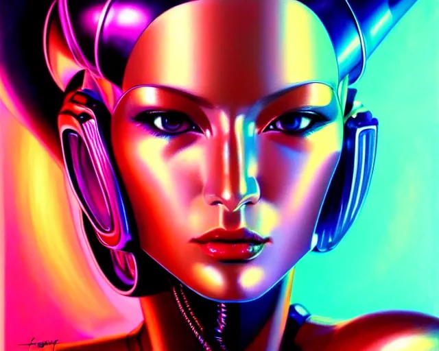 Image similar to a ultradetailed beautiful portrait painting of a stylish female cyborg, chrome plated, synthwave, dreamy soft neon lights, oil painting, by hajime sorayama, trending on artstation