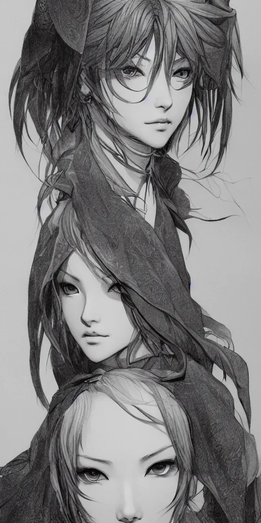 Prompt: a beautiful drawing of a girl with a heart shaped face wearing a cloak made of mists, yoji shinkawa and hyung - tae kim, highly intricate and detailed, featured on artstation, close up body shot