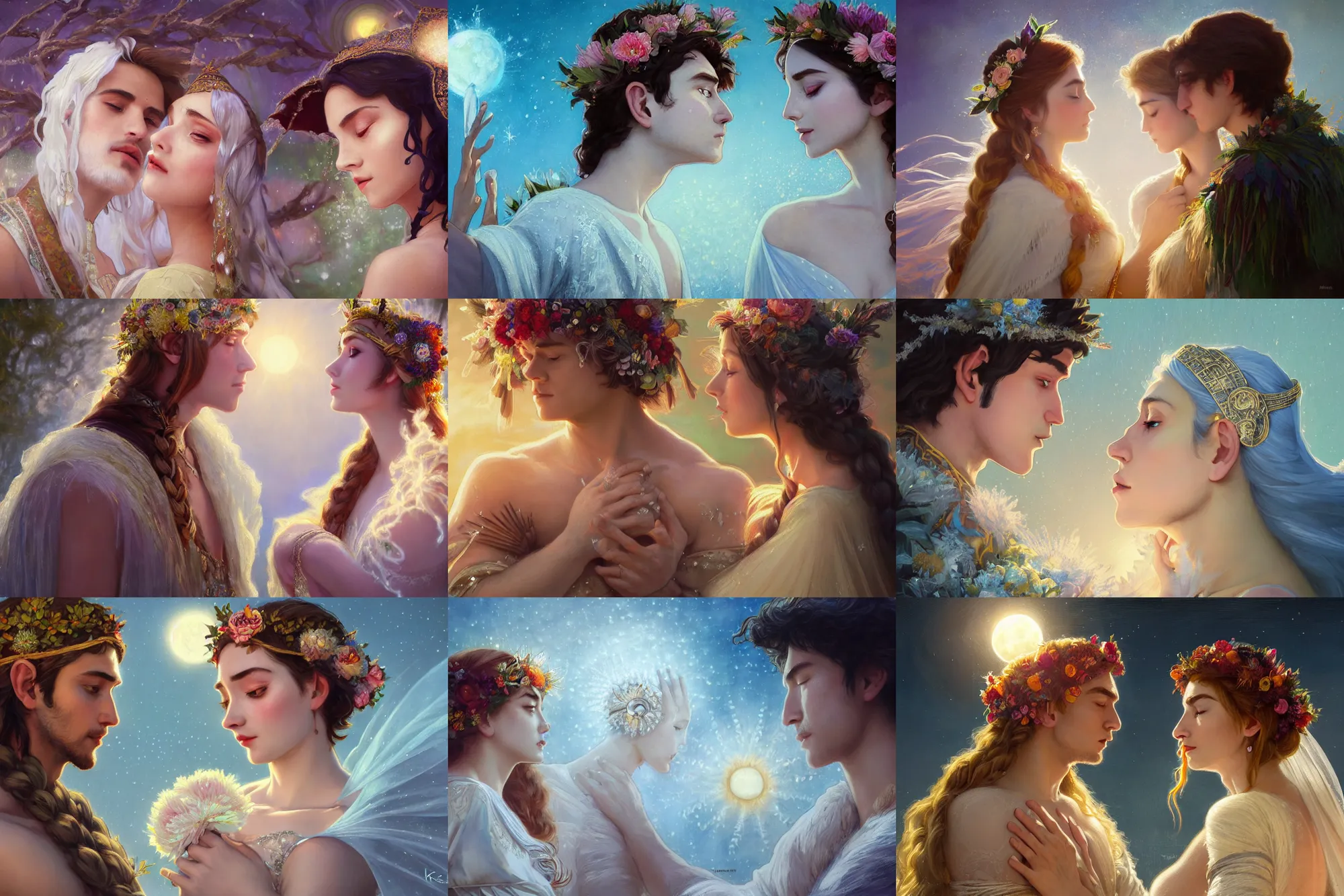 Prompt: a cinematic tender beautifully close up moment of a young sun god and moon goddess magician lovers facing each other, portrait, wedding wearing boho sunhat with peonies, wedding photography, Frozen Klaus film, elegant, digital painting, artstation, concept art, illustration, Frozen II art masterpiece by art by Krenz Cushart, Artem Demura, alphonse mucha, yoji shinkawa, ArtGerm, Jon Lothian, Danilo Torres, Adi Meyers, Thomas Reimann, Gaston Bussiere