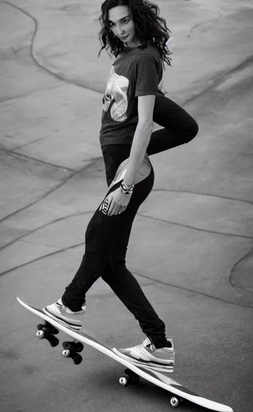 Image similar to gal gadot as a skateboarder, nikon 3 5 mm portrait photography