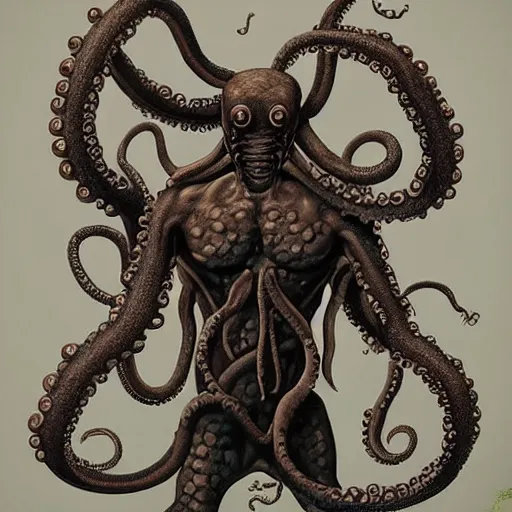 Prompt: torso portrait of a humanoid warrior with octopus head and tentacle arms, by Gerald Brom on Artstation