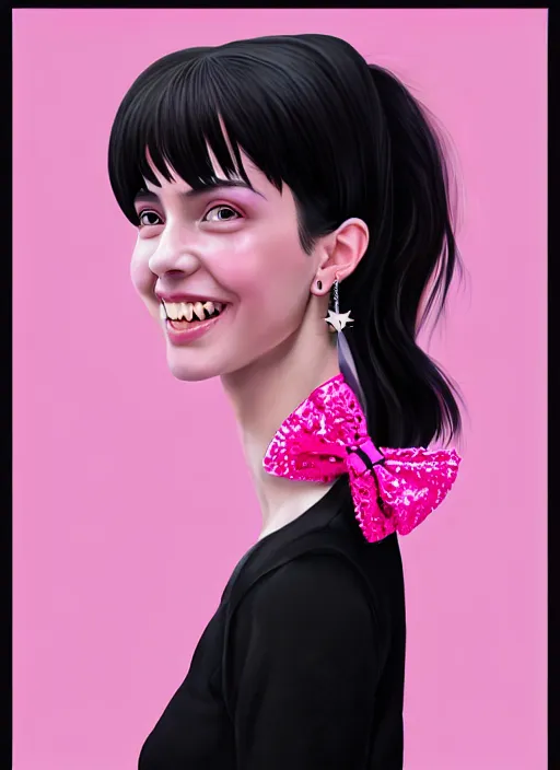 Image similar to portrait of high school girl, realistic, black hair, bangs, half updo hairstyle, pointy nose, skinny, smile, ugly, defined jawline, big chin, pink hair bow, earrings, intricate, elegant, glowing lights, highly detailed, digital painting, artstation, sharp focus, illustration, art by wlop, mars ravelo and greg rutkowski