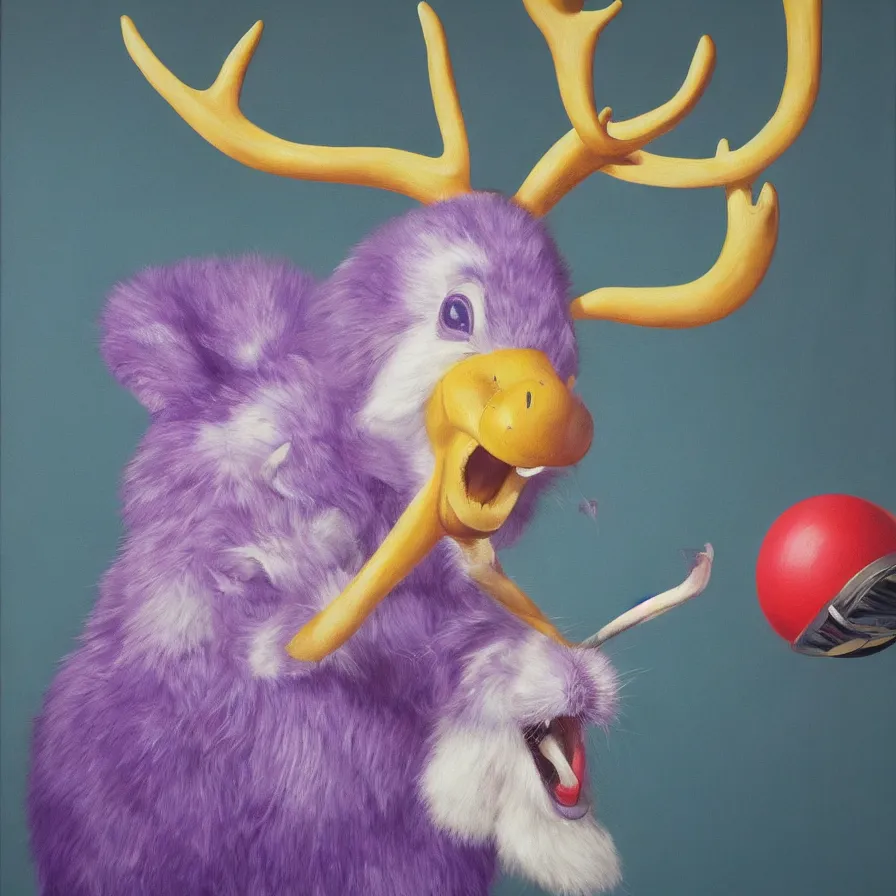 Image similar to rare hyper realistic portrait painting by british masters, studio lighting, brightly lit purple room, a blue rubber ducky with antlers laughing at a giant laughing rabbit with a clown mask