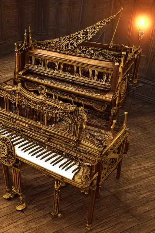 Image similar to Tonemapped Steampunk harpsichord, Artstation, Unreal Engine, photorealistic