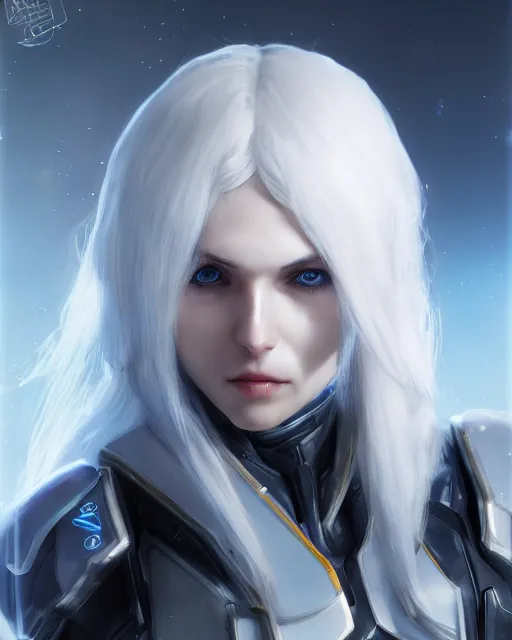 Image similar to perfect white haired girl, warframe armor, beautiful, pretty face, blue eyes, detailed, windy weather, scifi, platform, laboratory, experiment, 4 k, ultra realistic, epic lighting, high detail, masterpiece, by akihito tsukushi, charlie bowater