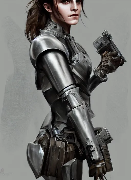 Image similar to fully body fashion model beautiful emma watson wearing military armor long dark hair beautiful bone structure symmetrical facial features intricate elegant digital painting concept art smooth sharp focus illustration,from Metal Gear by Ruan Jia and Mandy Jurgens by Artgerm by William-Adolphe Bouguerea