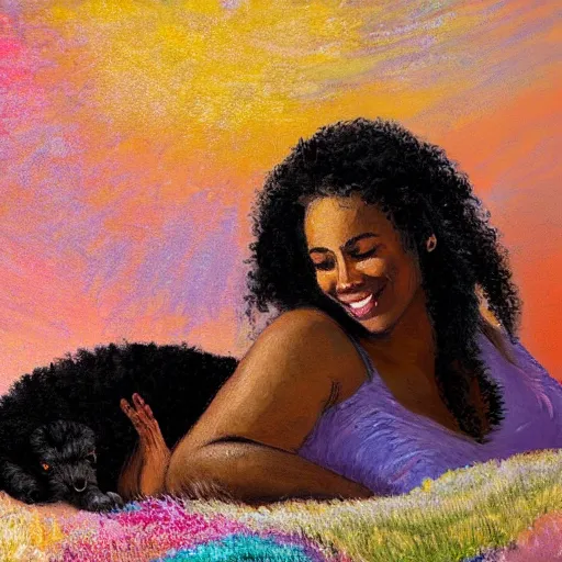 Image similar to pregnant black woman with curly hair, laying down, a tiny black puppy running around, golden hour, vintage, impressionist painting, fine art, oil painting, dreamy, pastel, laughing, happy, intricate details, sharp, peaceful, serene