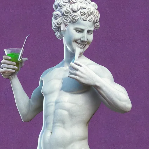 Prompt: a white reneissance statue holding a coctail, medium shot, colorful coctail, digital painting, cgi render