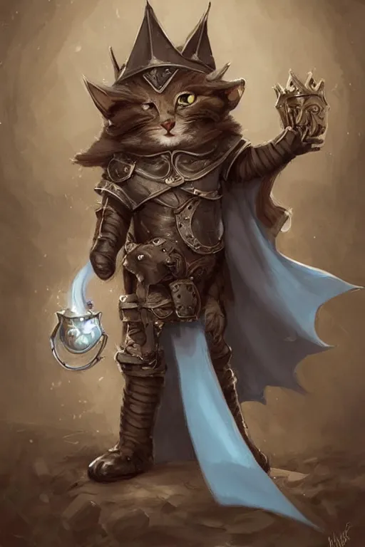 Image similar to cute little anthropomorphic cat knight wearing a cape and a crown, tiny, small, miniature cat , baby animal, short, pale blue armor, cute and adorable, pretty, beautiful, DnD character art portrait, matte fantasy painting, DeviantArt Artstation, by Jason Felix by Steve Argyle by Tyler Jacobson by Peter Mohrbacher, cinematic lighting