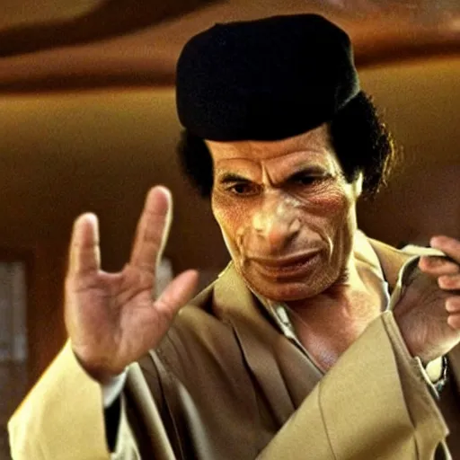 Prompt: A movie still of Muammar Gaddafi in Satuday Night Fever