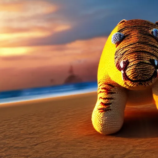 Image similar to a closeup photorealistic photograph of a cute smiling knitted tiger hippopotamus chasing a beachball at sunset. surf in the background. professional capture. this 4 k hd image is trending on artstation, featured on behance, well - rendered, extra crisp, features intricate detail, epic composition and the style of unreal engine.