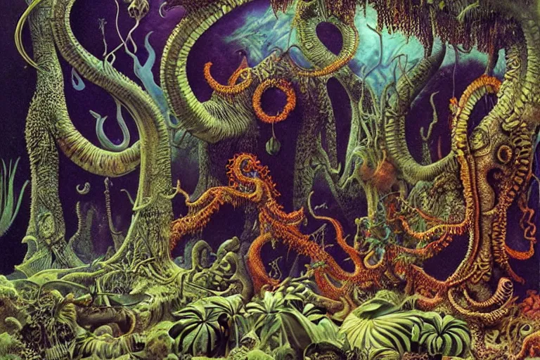 Prompt: lovecraftian jungles, another world by Roger Dean and Ernst Haeckel