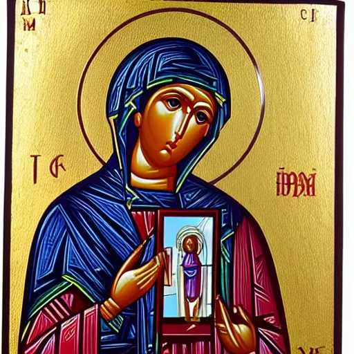 Image similar to an orthodox christian icon of a girl saint with a computer!