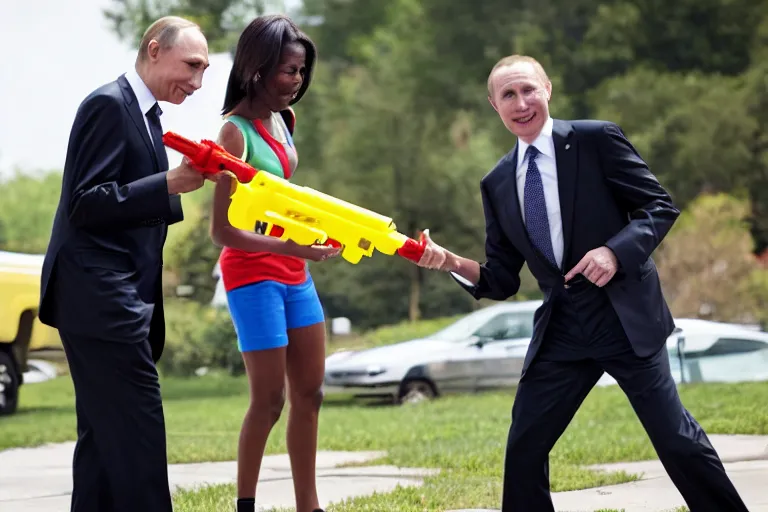 Image similar to barrack Obama and Vladimir Putin holding water guns to each other’s heads while smiling and crying, 8K New York Times Photography TMZ