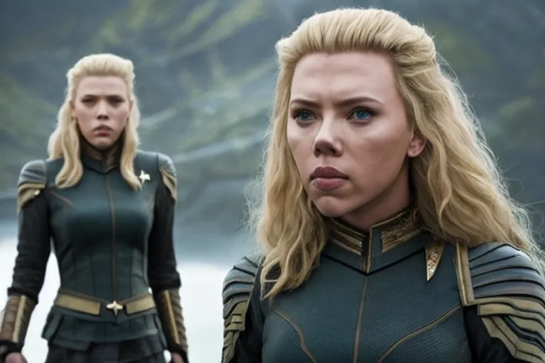 Image similar to starfleet uniform, scarlett johansson, in starfleet uniform, playing lagertha in a scene from the tv series vikings, directed by christopher nolan