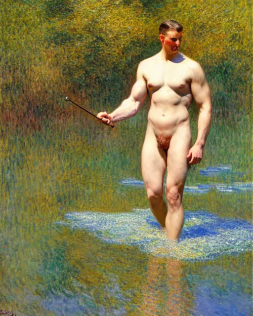Image similar to muscular soldier wading through a river, sunlight shining on his skin, reflective water, painting by tom of finland, gaston bussiere, craig mullins, j. c. leyendecker, claude monet