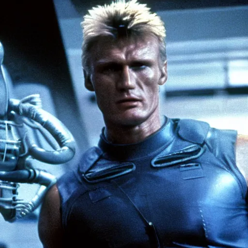 Prompt: movie still, 1 9 8 0 s, dolph lundgren as alien hunter, hyperdetailed, by ridley scott, john carpenter and vittorio storaro, blue leds