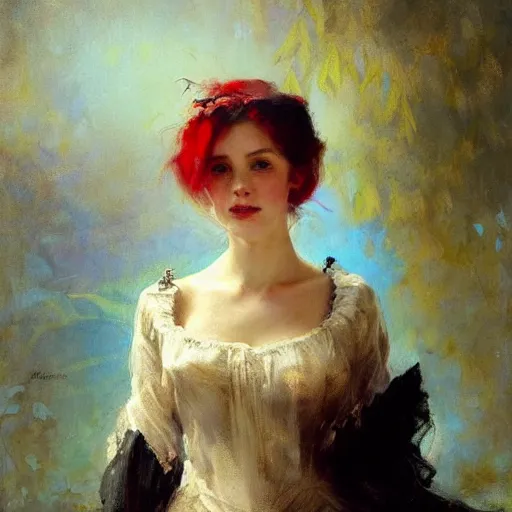 Prompt: solomon Joseph Solomon and Richard Schmid and Jeremy Lipking victorian genre painting portrait painting of a young beautiful woman queen of the sky in fantasy costume, red background