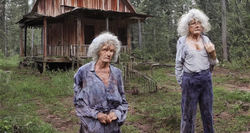 Image similar to ugly old woman with sinnister face standing outside old cabin, portrait, dirty clothes, forrest in the background, utopian looking, 80s, moody, hyperrealistic