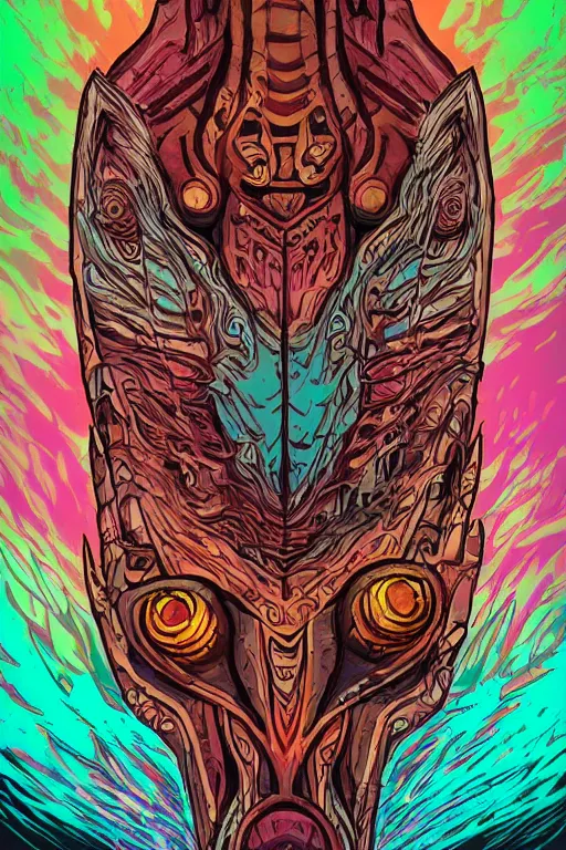 Image similar to totem animal tribal chaman vodoo mask feather gemstone plant wood rock video game illustration vivid color borderlands by josan gonzales and dan mumford radiating a glowing aura