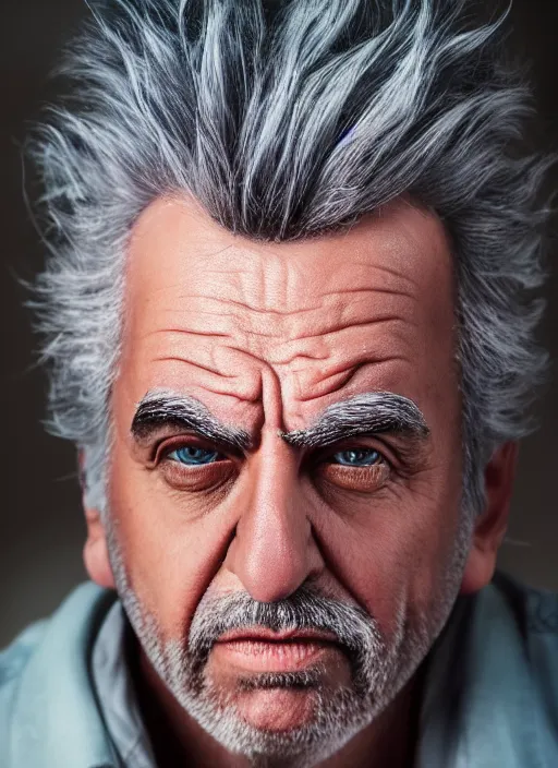 Image similar to rick sanchez closeup photograph dslr photorealistic, studio lighting, ektachrome, detailed, intricate, face detail