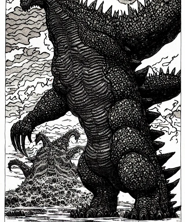 Image similar to godzilla as a d & d monster, full body, pen - and - ink illustration, etching, by russ nicholson, david a trampier, larry elmore, 1 9 8 1, hq scan, intricate details, stylized border